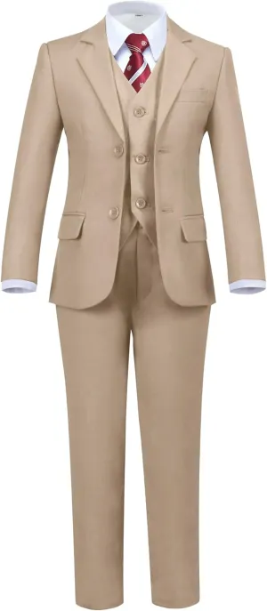Boys' 5 Piece Formal Suit Set with Suit Jacket, Vest, Pants, Collared Dress Shirt, and Tie
