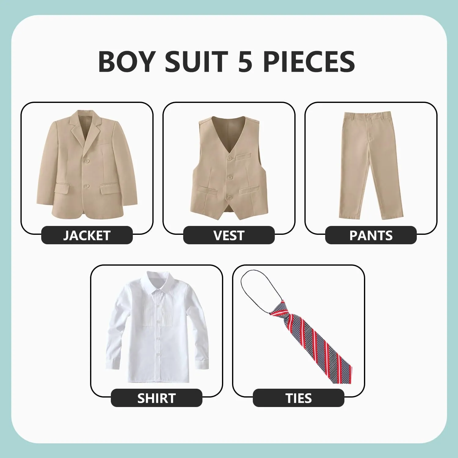 Boys' 5 Piece Formal Suit Set with Suit Jacket, Vest, Pants, Collared Dress Shirt, and Tie