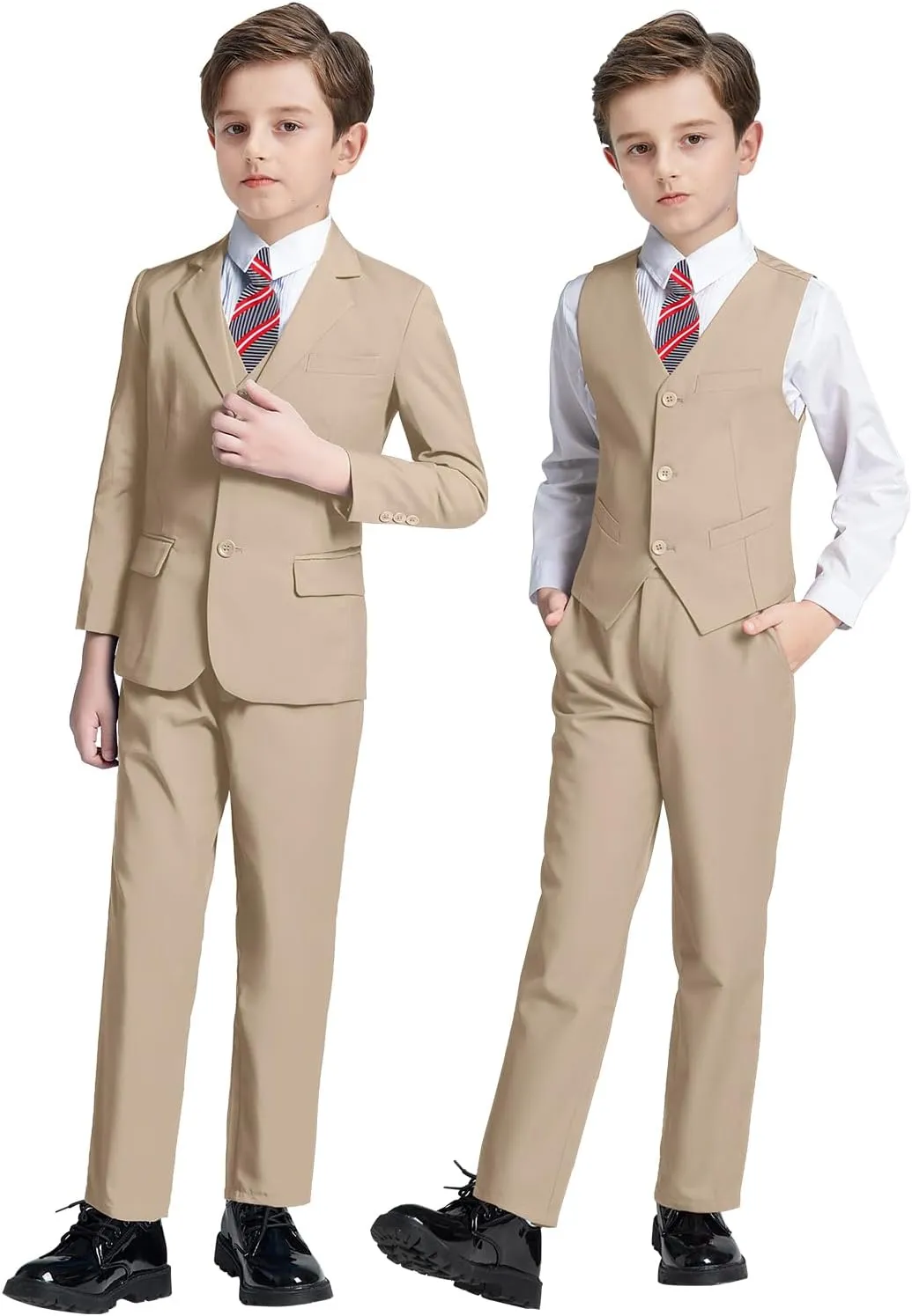 Boys' 5 Piece Formal Suit Set with Suit Jacket, Vest, Pants, Collared Dress Shirt, and Tie