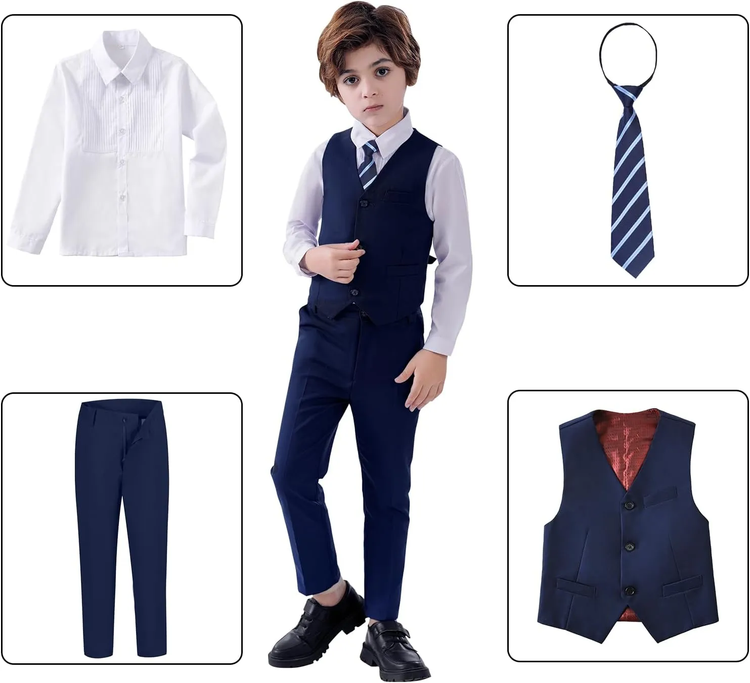 Boys Suits Slim Fit 4 Piece Formal Dresswear Suit for Kids Tuxedo Wedding Set Toddler Boy Dress with Vest Shirt Pants and Tie