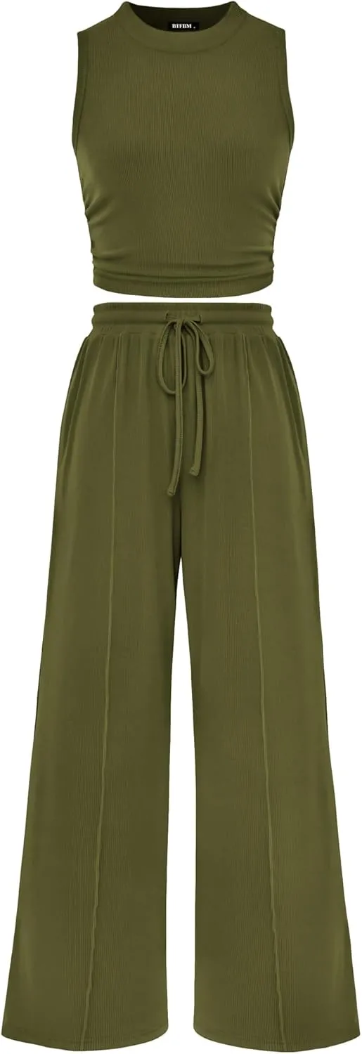 BTFBM Women Summer 2 Piece Outfits 2025 Beach Crew Neck Sleeveless Cropped Top Elastic Waist Wide Leg Pants Lounge Set