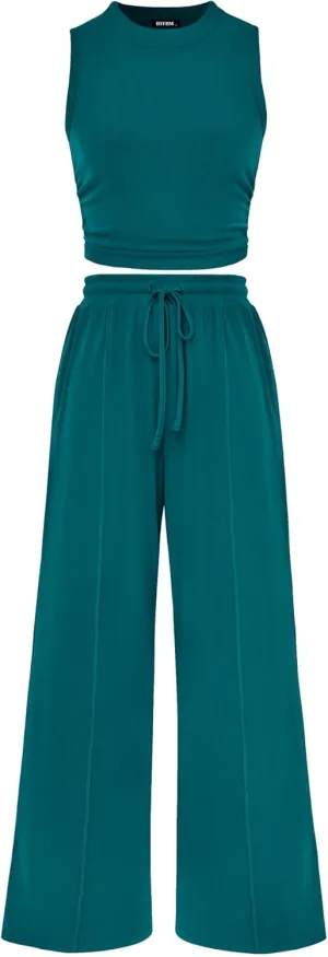 BTFBM Women Summer 2 Piece Outfits 2025 Beach Crew Neck Sleeveless Cropped Top Elastic Waist Wide Leg Pants Lounge Set