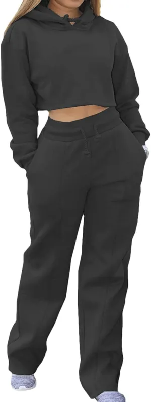 BZSFW Women Sweat Suits Set Loungewear 2 Piece Hooded Pullover Crop Top Sweatshirts Sweatpants