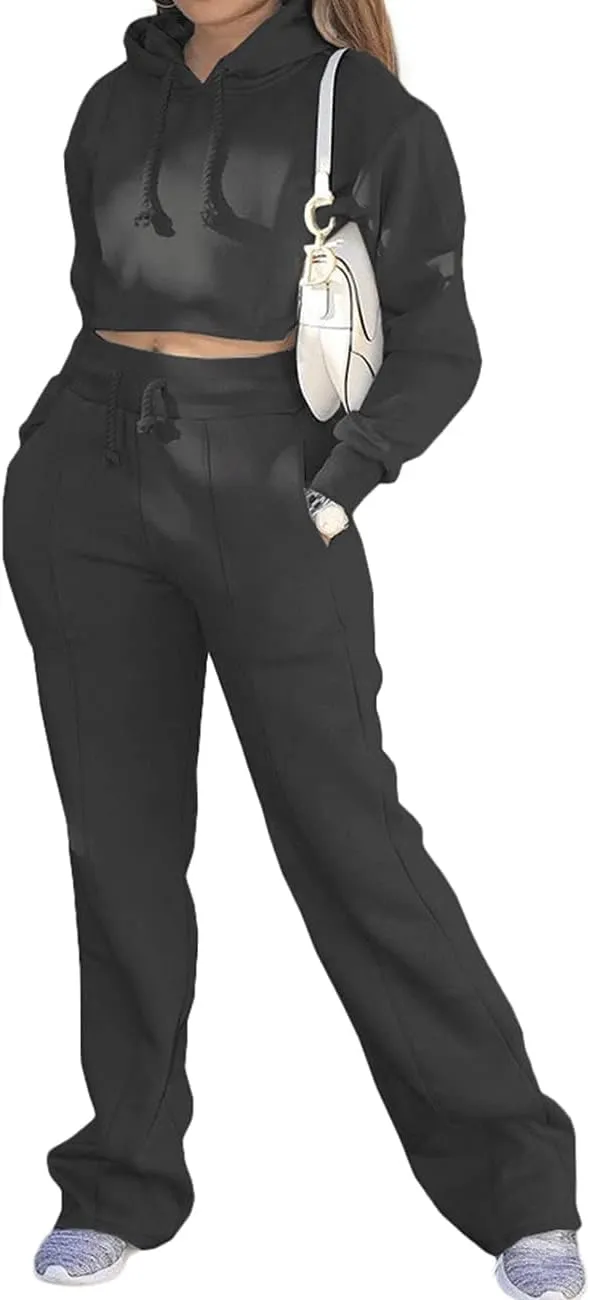 BZSFW Women Sweat Suits Set Loungewear 2 Piece Hooded Pullover Crop Top Sweatshirts Sweatpants
