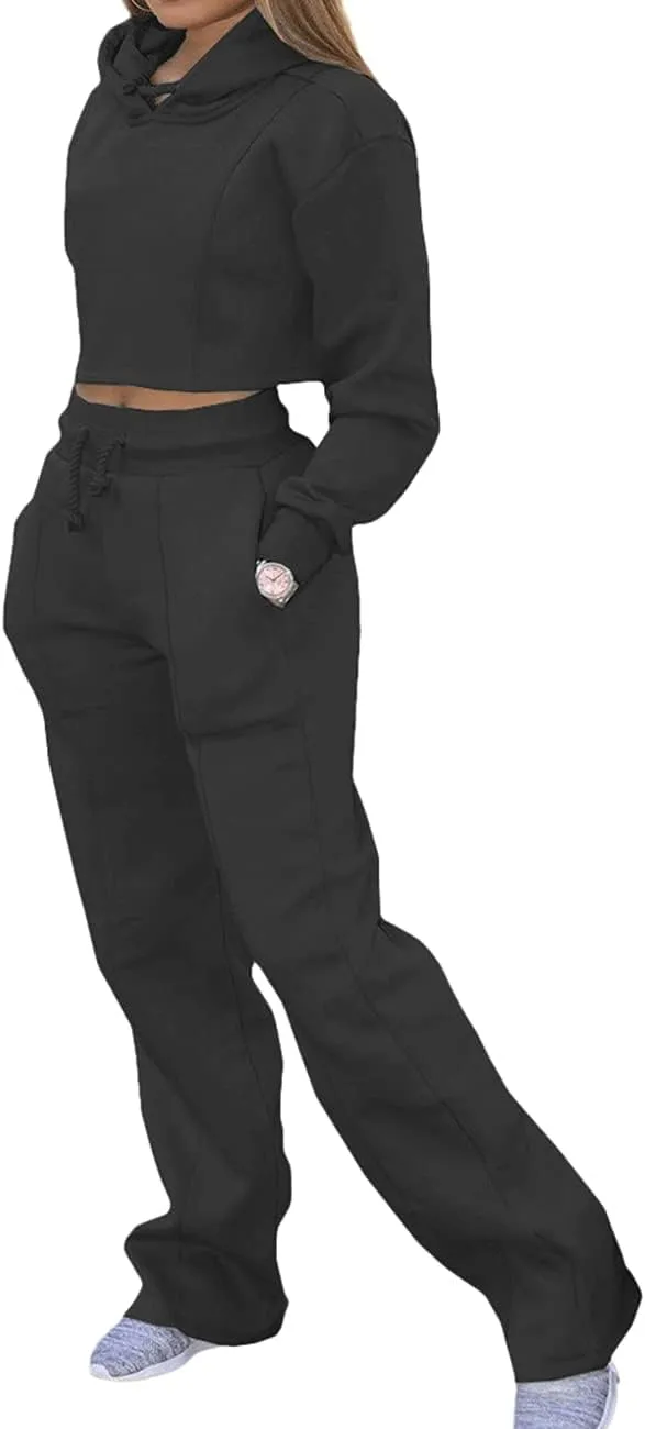 BZSFW Women Sweat Suits Set Loungewear 2 Piece Hooded Pullover Crop Top Sweatshirts Sweatpants