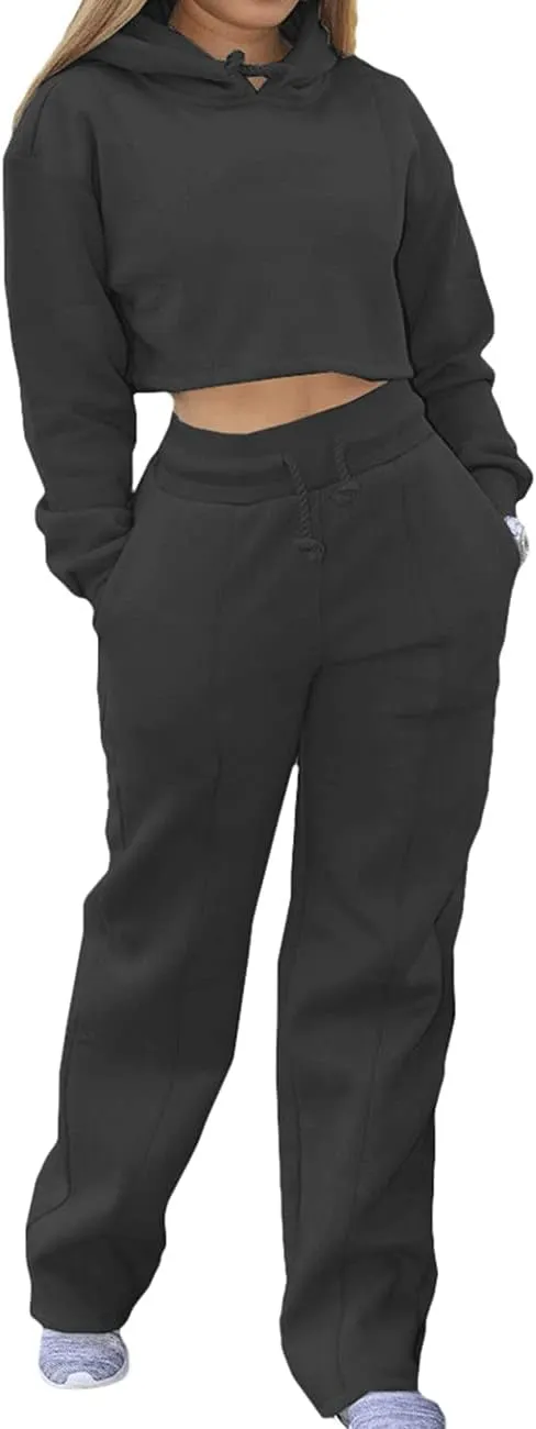 BZSFW Women Sweat Suits Set Loungewear 2 Piece Hooded Pullover Crop Top Sweatshirts Sweatpants