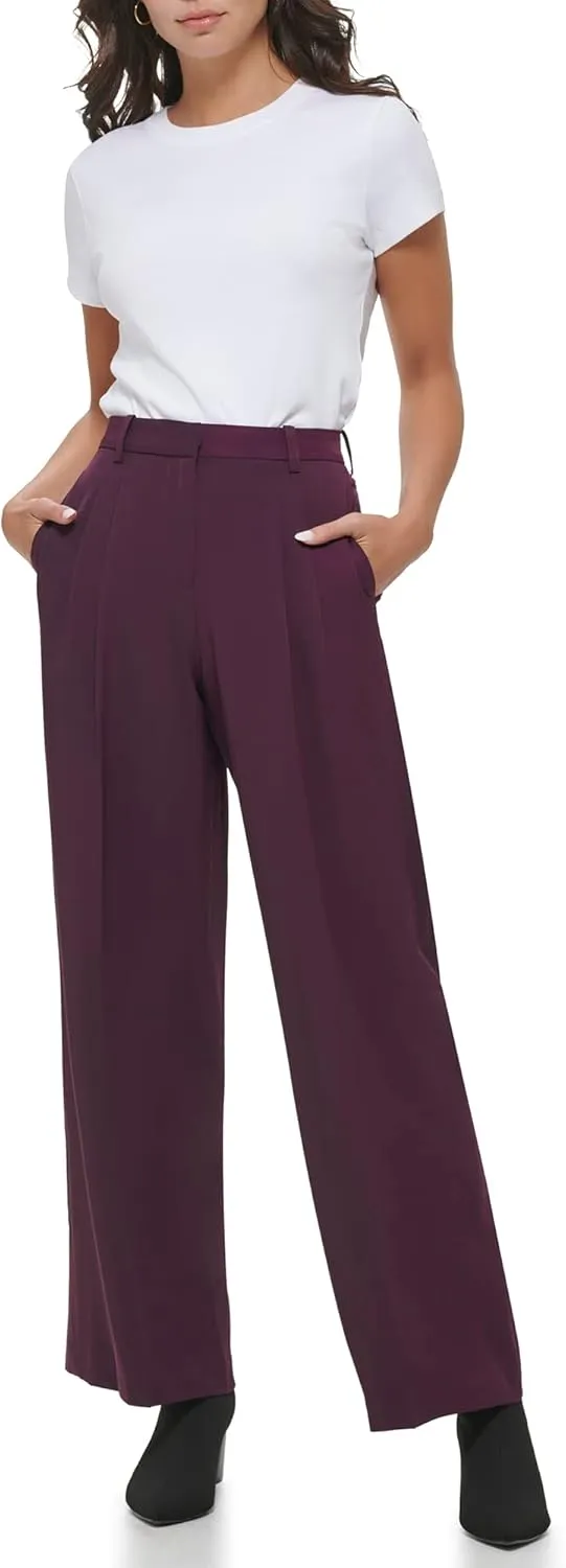 Calvin Klein Women's Misses Solid Crepe Pleated Straight Leg Pant (Standard and Plus Size)
