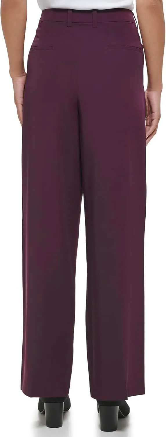 Calvin Klein Women's Misses Solid Crepe Pleated Straight Leg Pant (Standard and Plus Size)