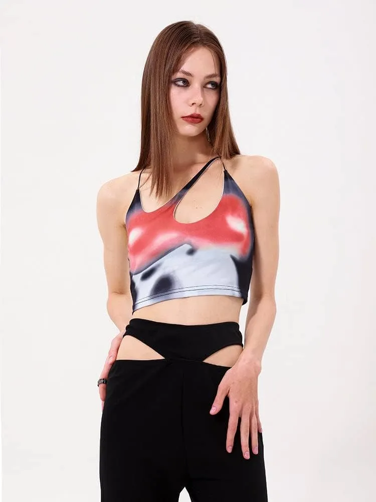CAPE CLIQUE Womens Sexy Y2K Crop Tops Lace Up Body Print Hollow Out Summer Tie Dye Sleeveless Cami Plunge Tank Top
