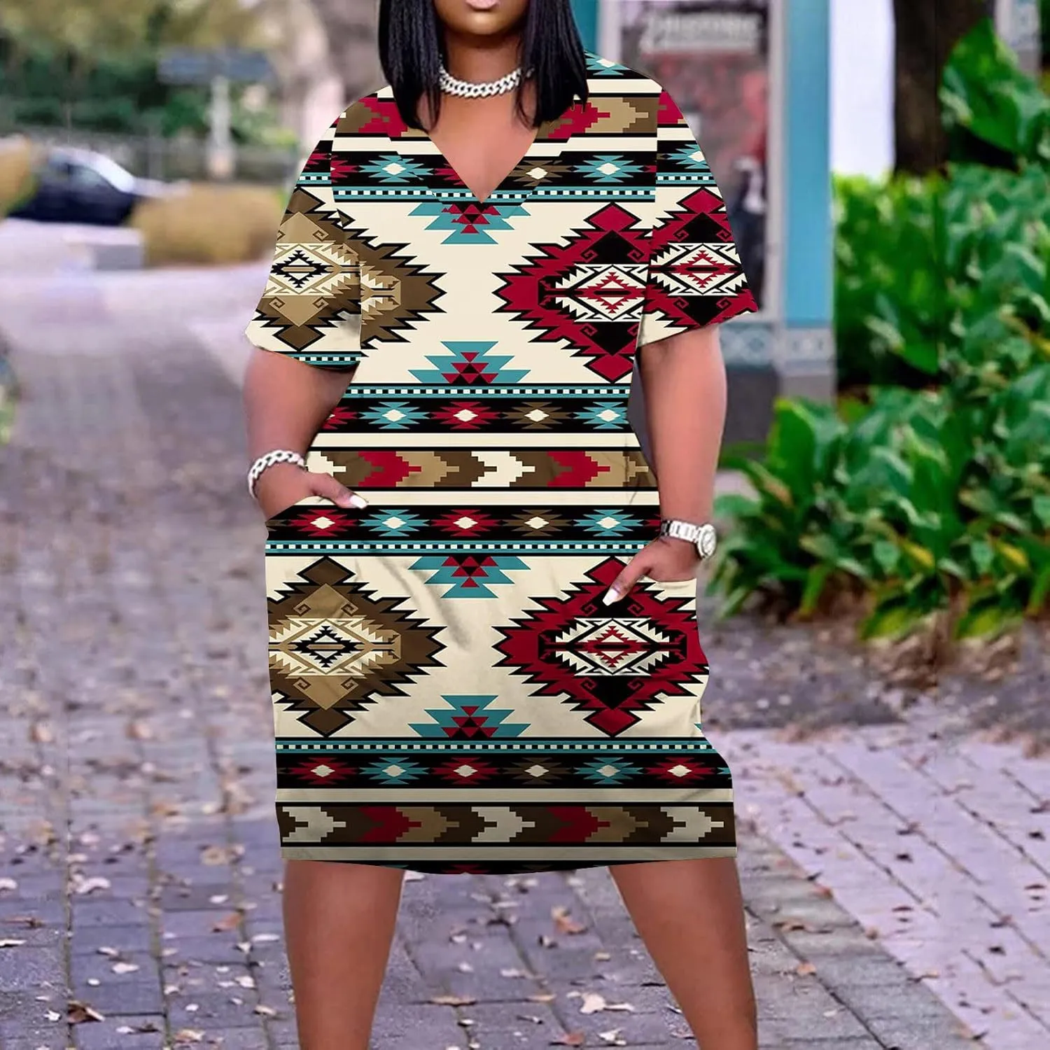 Ceboyel Women Plus Size Summer Dress Aztec Tshirt Dress Short Sleeve Western Dresses Trendy Beach Outfits with Pockets 2023