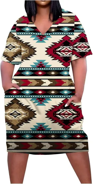 Ceboyel Women Plus Size Summer Dress Aztec Tshirt Dress Short Sleeve Western Dresses Trendy Beach Outfits with Pockets 2023