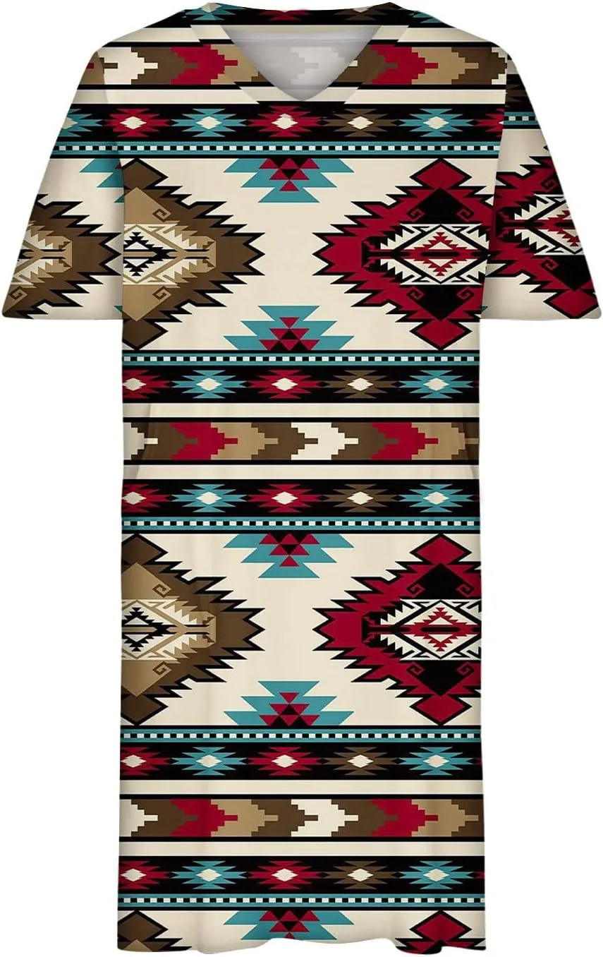 Ceboyel Women Plus Size Summer Dress Aztec Tshirt Dress Short Sleeve Western Dresses Trendy Beach Outfits with Pockets 2023