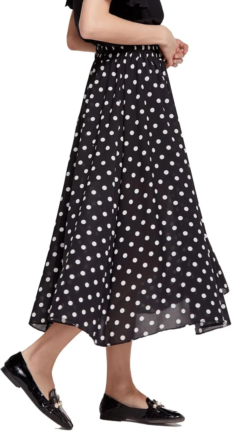 CHARTOU Women's Casual Contrast Polka Dot Chiffon Bohemia Swing Beach Midi A-Line Skirts