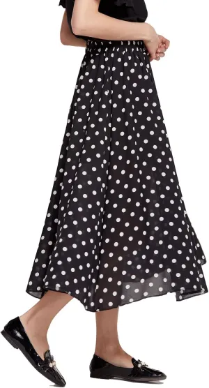CHARTOU Women's Casual Contrast Polka Dot Chiffon Bohemia Swing Beach Midi A-Line Skirts