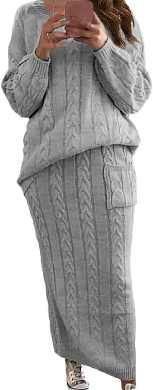 CHARTOU Women's Winter Chunky Cable Knit Long Skirt 2 Piece Outfit Sweater Sets
