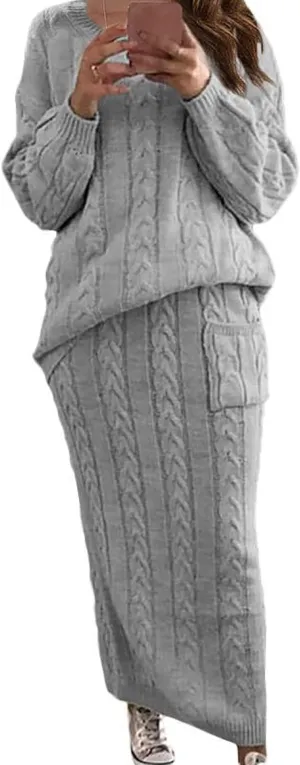 CHARTOU Women's Winter Chunky Cable Knit Long Skirt 2 Piece Outfit Sweater Sets