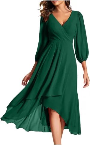 Chiffon Dresses for Women Summer Flowy Ruffle Mini Dress Elegant V Neck 3/4 Lantern Sleeve Party Cocktail Wedding Guest Dress