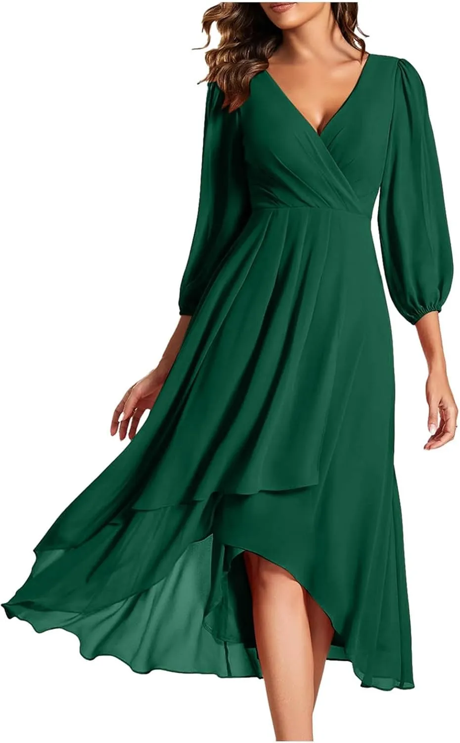 Chiffon Dresses for Women Summer Flowy Ruffle Mini Dress Elegant V Neck 3/4 Lantern Sleeve Party Cocktail Wedding Guest Dress