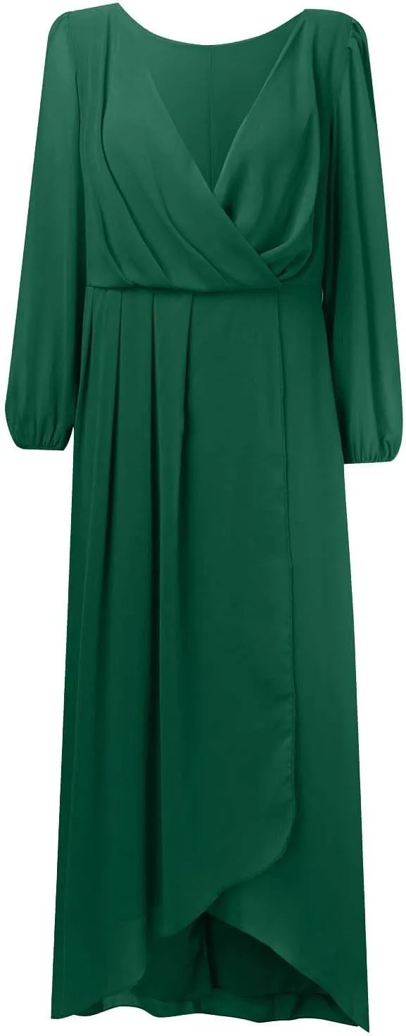 Chiffon Dresses for Women Summer Flowy Ruffle Mini Dress Elegant V Neck 3/4 Lantern Sleeve Party Cocktail Wedding Guest Dress