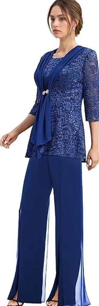 Chiffon Mother of The Bride Pantsuit for Women Dressy 3/4 Sleeve Mother of The Groom Jumpsuit 3 Pcs with Jacket
