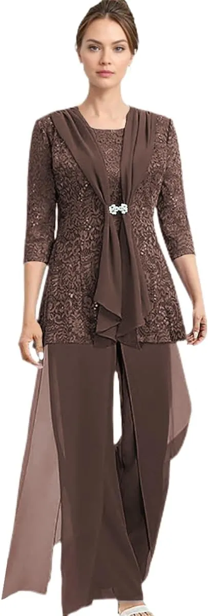 Chiffon Mother of The Bride Pantsuit for Women Dressy 3/4 Sleeve Mother of The Groom Jumpsuit 3 Pcs with Jacket