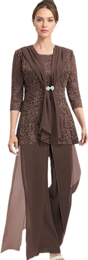 Chiffon Mother of The Bride Pantsuit for Women Dressy 3/4 Sleeve Mother of The Groom Jumpsuit 3 Pcs with Jacket
