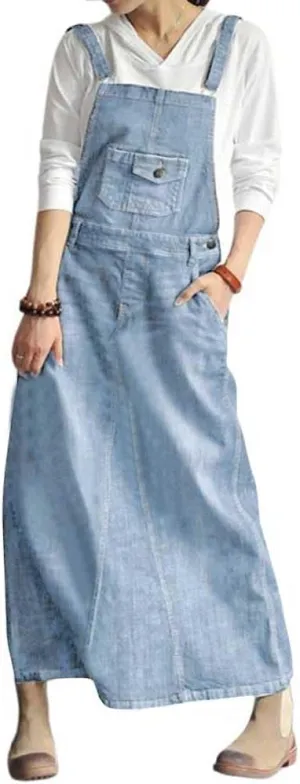 chouyatou Women's Vintage Adjustable Strap Denim Overall Dress Distressed A-Line Pinafore Bib Jean Dress