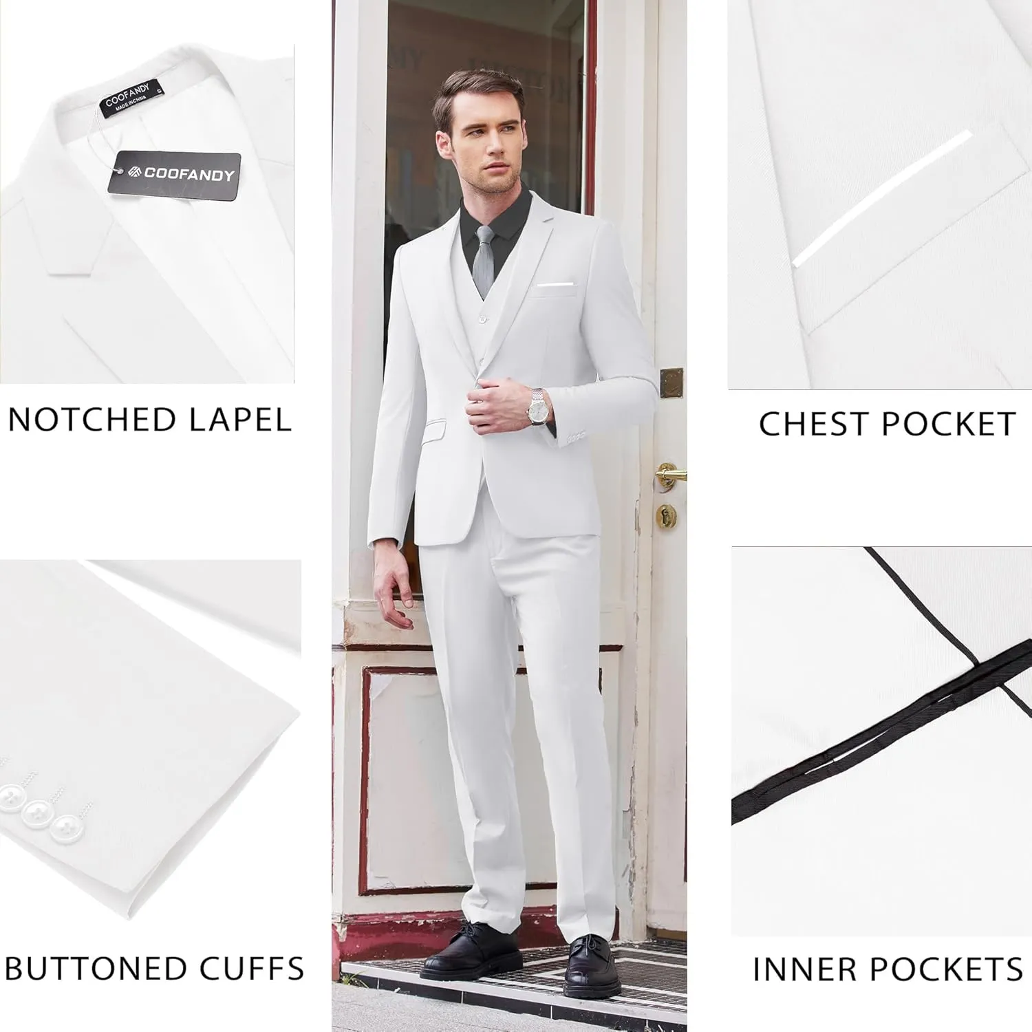 COOFANDY Men's 3 Piece Wedding Suit Set One Button Slim Fit Jacket Blazer Vest Pants Set Groom Prom Tuxedo Suits