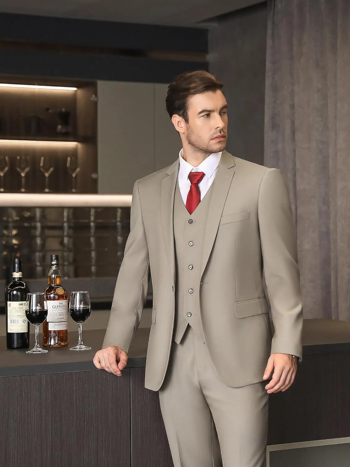 Cooper & Nelson Men's 3 Piece Slim Fit Suit Set, One Button Solid Jacket Vest Pants with Tie
