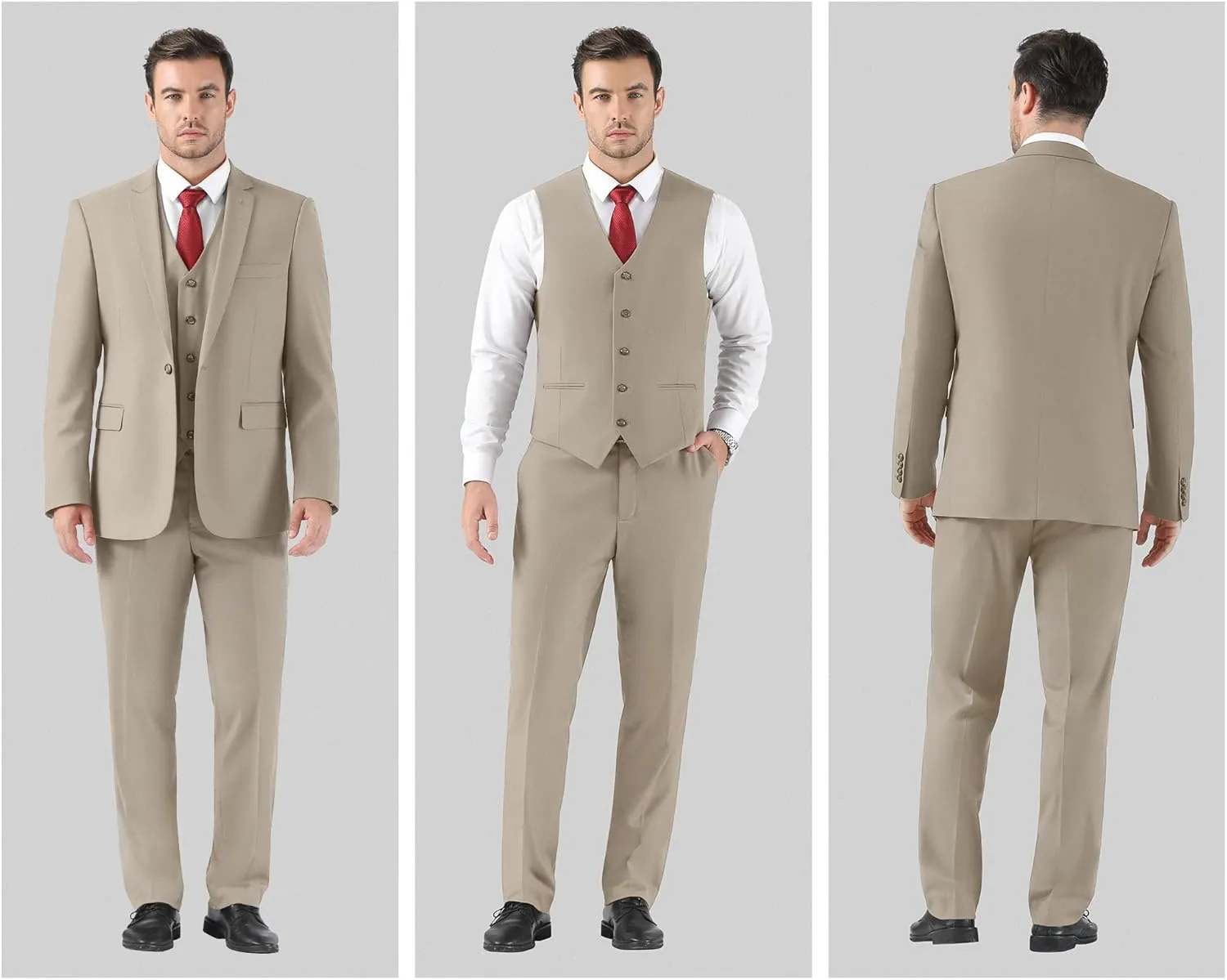 Cooper & Nelson Men's 3 Piece Slim Fit Suit Set, One Button Solid Jacket Vest Pants with Tie