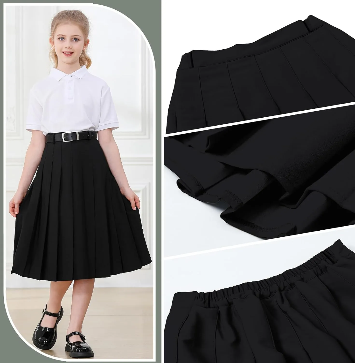 Cromoncent Girls Womens High Waist Pleated Long Skirt with Pockets