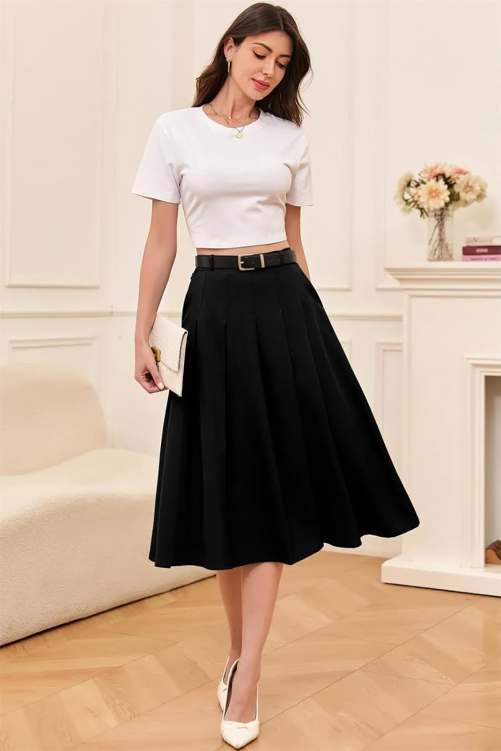 Cromoncent Girls Womens High Waist Pleated Long Skirt with Pockets