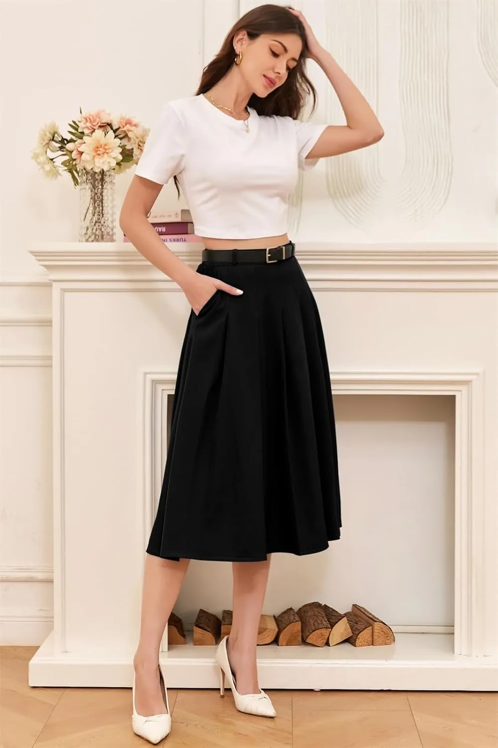 Cromoncent Girls Womens High Waist Pleated Long Skirt with Pockets
