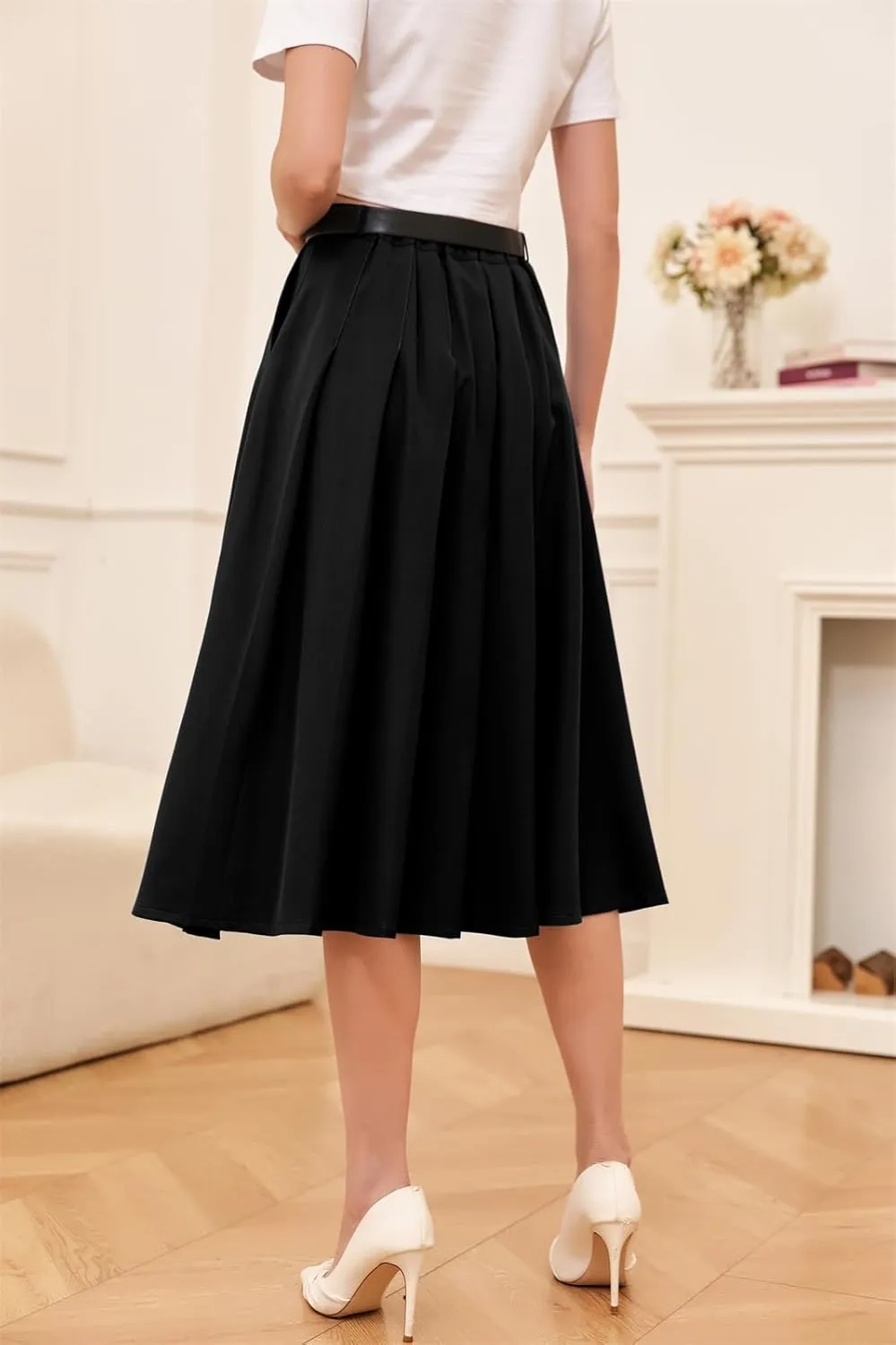 Cromoncent Girls Womens High Waist Pleated Long Skirt with Pockets