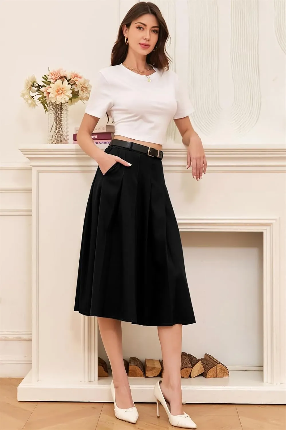 Cromoncent Girls Womens High Waist Pleated Long Skirt with Pockets