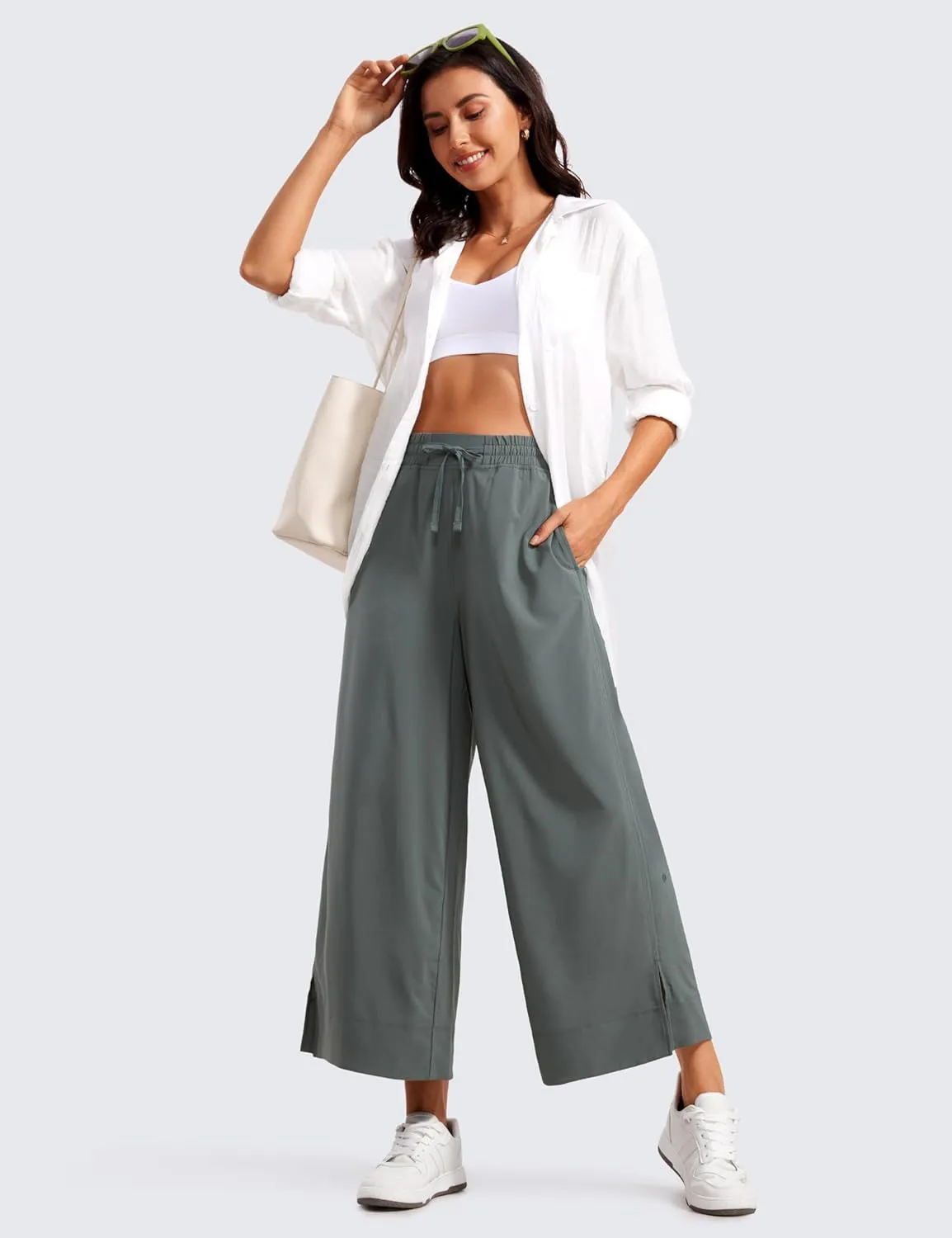 CRZ YOGA Lightweight Wide Leg Cropped Pants for Women 25" High Waisted Loose Casual Lounge Travel Work Sweatpants Summer