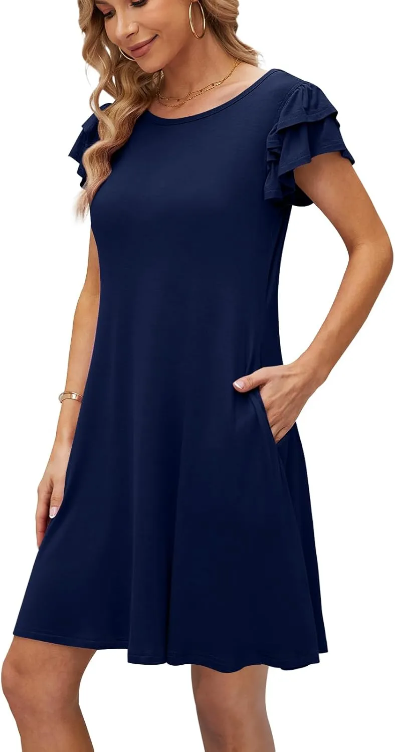 DB MOON Women 2025 Mini Dresses Summer Casual Ruffle Short Sleeve Cute Crew Neck Flowy Dress with Pockets
