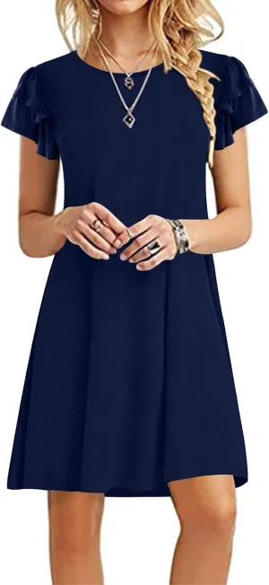 DB MOON Women 2025 Mini Dresses Summer Casual Ruffle Short Sleeve Cute Crew Neck Flowy Dress with Pockets