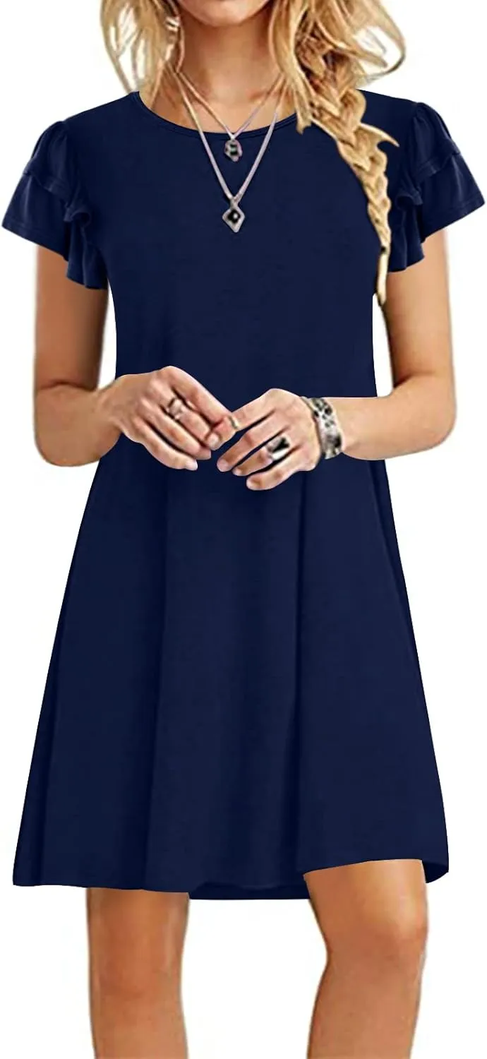 DB MOON Women 2025 Mini Dresses Summer Casual Ruffle Short Sleeve Cute Crew Neck Flowy Dress with Pockets