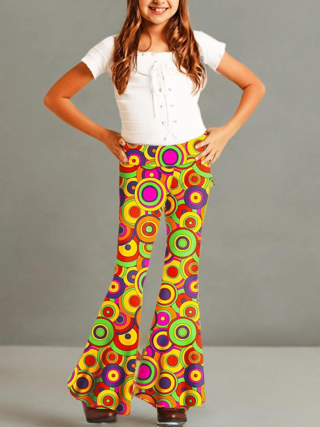Deerose Girls Bell Bottom Floral Print Stretch Hippie Pants High Waist Flare Pants 5-14 Year