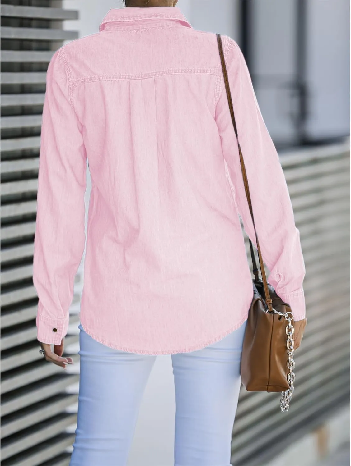 Denim Shirt Women Button Down Long Sleeve Chambray Western Jean Shirts Collared Casual Denim Tops