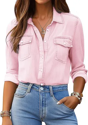 Denim Shirt Women Button Down Long Sleeve Chambray Western Jean Shirts Collared Casual Denim Tops