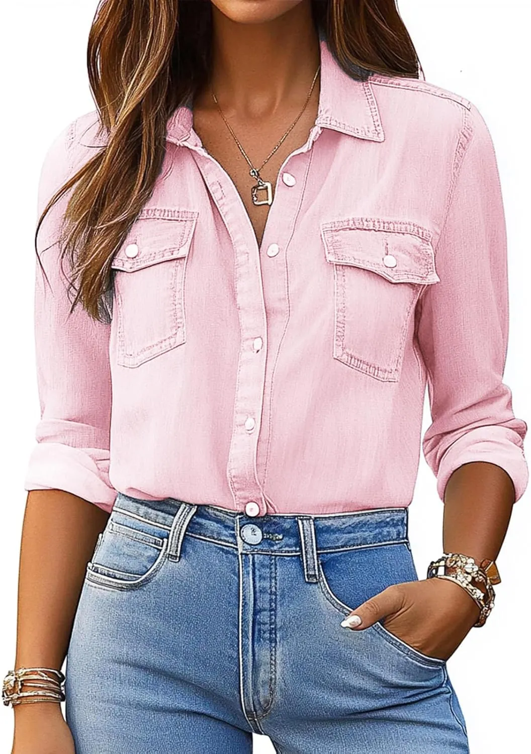 Denim Shirt Women Button Down Long Sleeve Chambray Western Jean Shirts Collared Casual Denim Tops