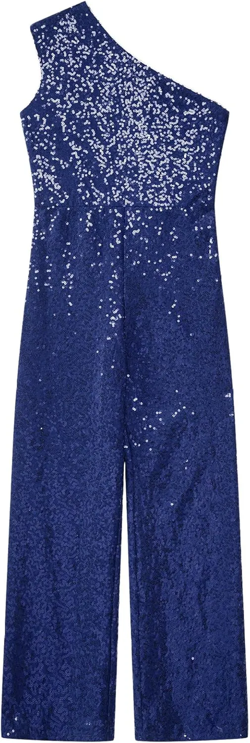 DINORMIN Kids Girl's One Shoulder Shiny Sequins Sleeveless Jumpsuit Pants Wedding Evening Romper Pants
