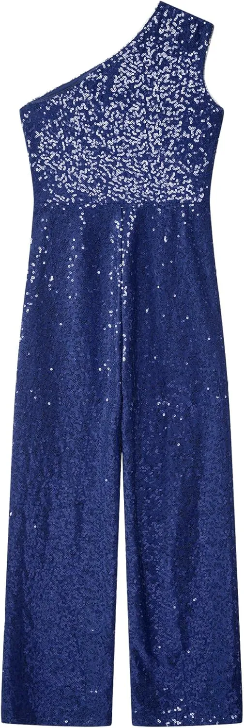 DINORMIN Kids Girl's One Shoulder Shiny Sequins Sleeveless Jumpsuit Pants Wedding Evening Romper Pants