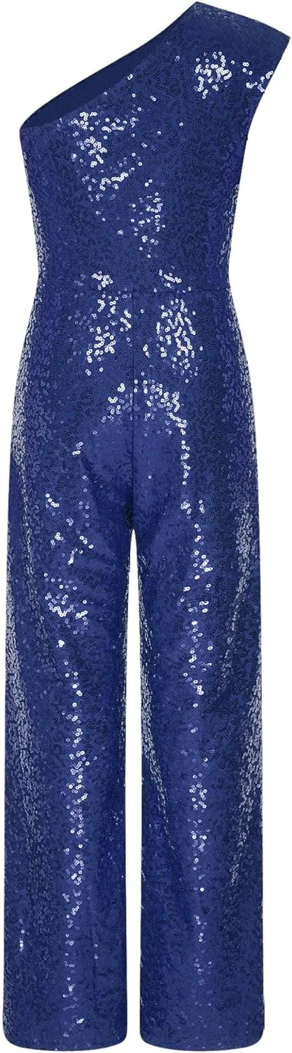 DINORMIN Kids Girl's One Shoulder Shiny Sequins Sleeveless Jumpsuit Pants Wedding Evening Romper Pants