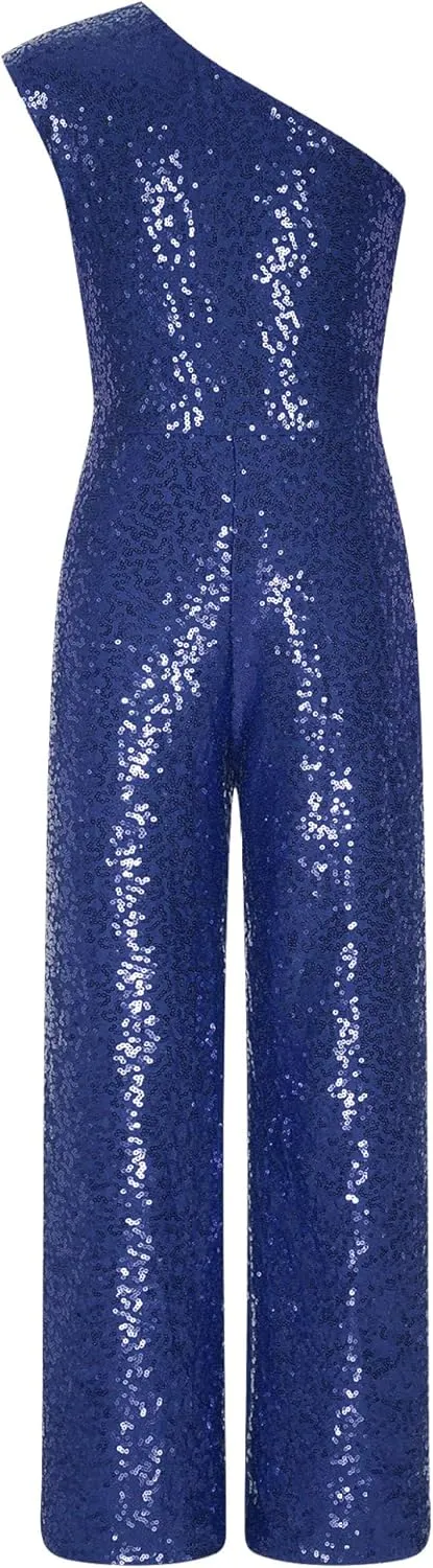 DINORMIN Kids Girl's One Shoulder Shiny Sequins Sleeveless Jumpsuit Pants Wedding Evening Romper Pants