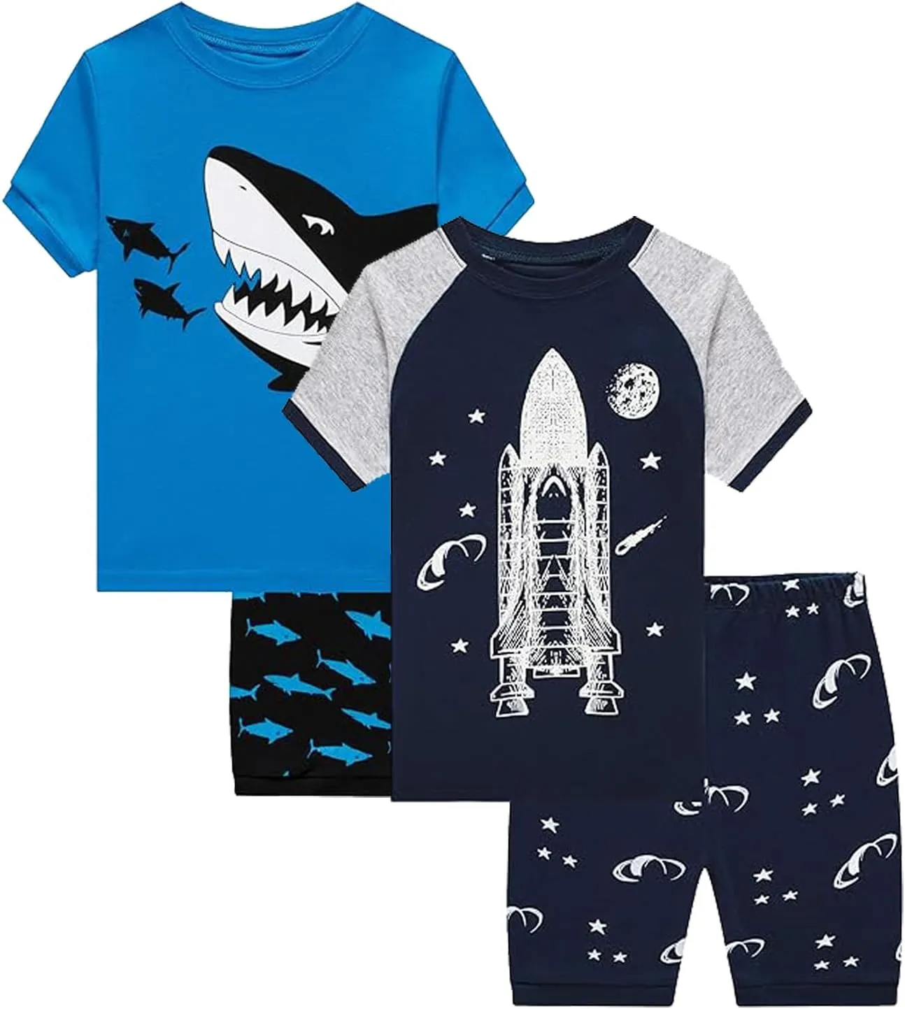 Dolphin&Fish Boys Summer Pajamas 4Pieces Set Boys Short Sleeve Cute Print Toddler Kids Sleepwears.