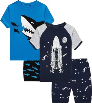 Dolphin&Fish Boys Summer Pajamas 4Pieces Set Boys Short Sleeve Cute Print Toddler Kids Sleepwears.