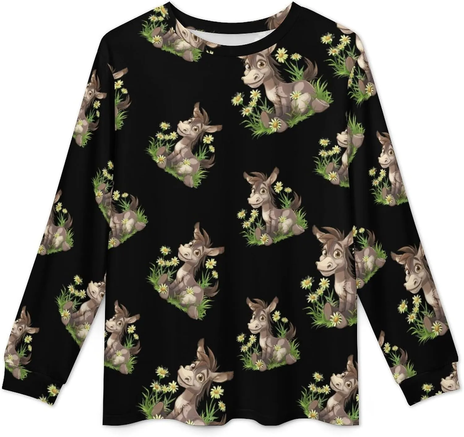 Donkey Daisy Flower Men's Crew Neck Pajama 2 Piece Set Long Sleeve Loungewear Top and Bottom